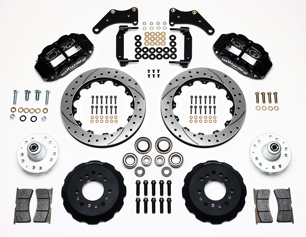 Wilwood Forged Narrow Superlite 6R Big Brake Front Brake Kit (Hub) Parts Laid Out - Black Powder Coat Caliper - SRP Drilled & Slotted Rotor