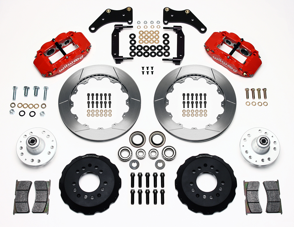 Wilwood Forged Narrow Superlite 6R Big Brake Front Brake Kit (Hub) Parts Laid Out - Red Powder Coat Caliper - GT Slotted Rotor