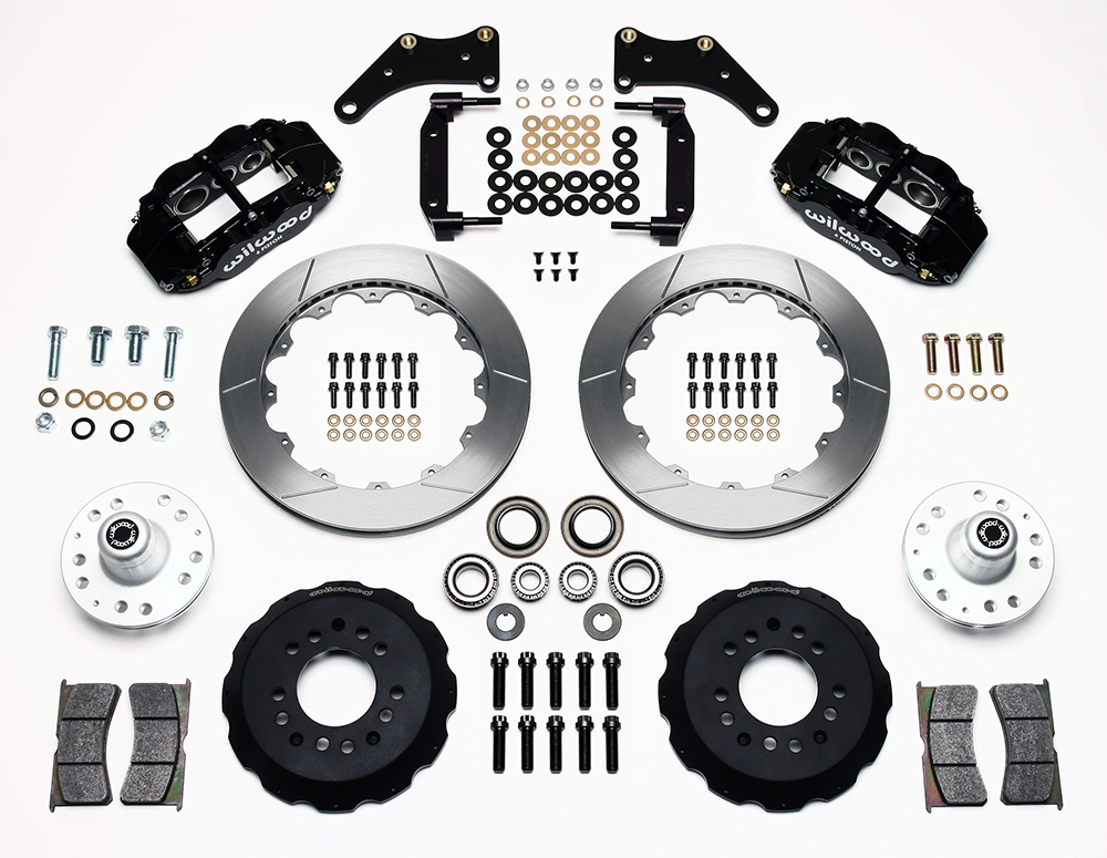 Wilwood Forged Narrow Superlite 6R Big Brake Front Brake Kit (Hub) Parts Laid Out - Black Powder Coat Caliper - GT Slotted Rotor