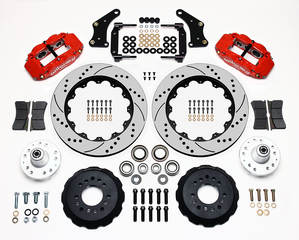 Wilwood Forged Narrow Superlite 6R Big Brake Front Brake Kit (Hub) Parts Laid Out - Red Powder Coat Caliper - SRP Drilled & Slotted Rotor