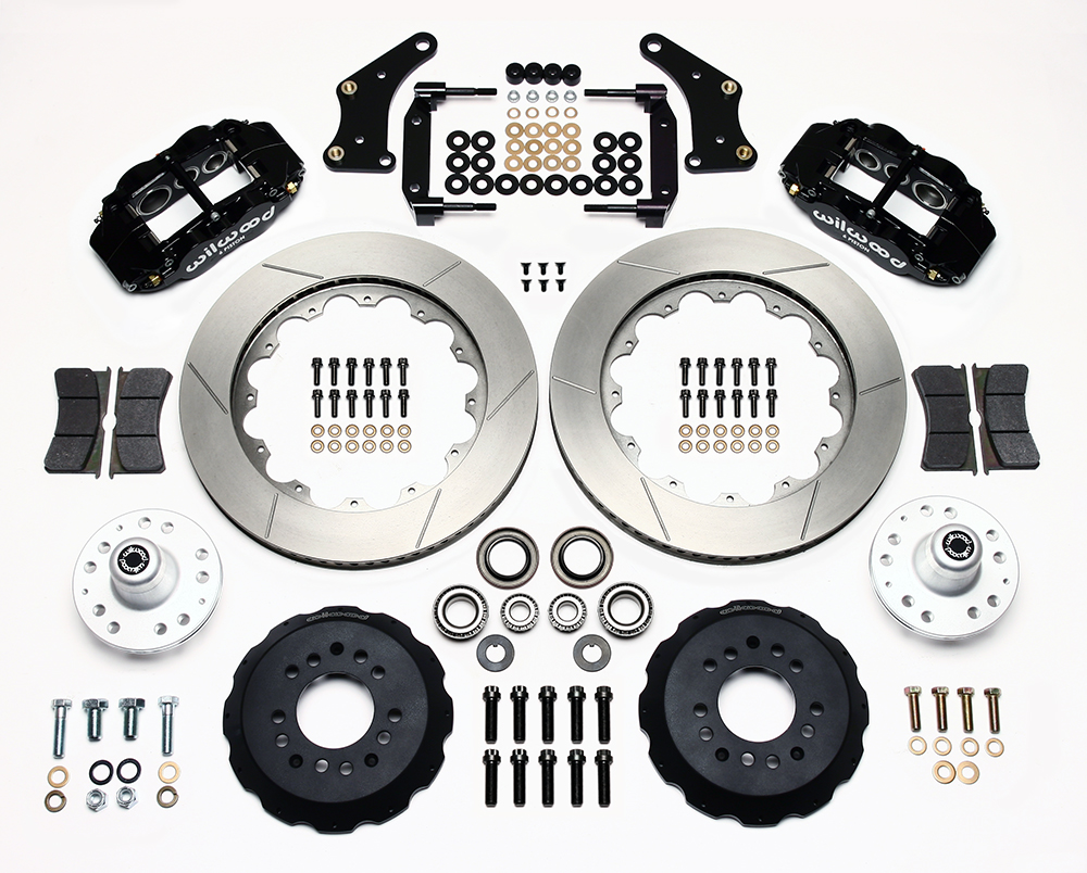 Wilwood Forged Narrow Superlite 6R Big Brake Front Brake Kit (Hub) Parts Laid Out - Black Powder Coat Caliper - GT Slotted Rotor