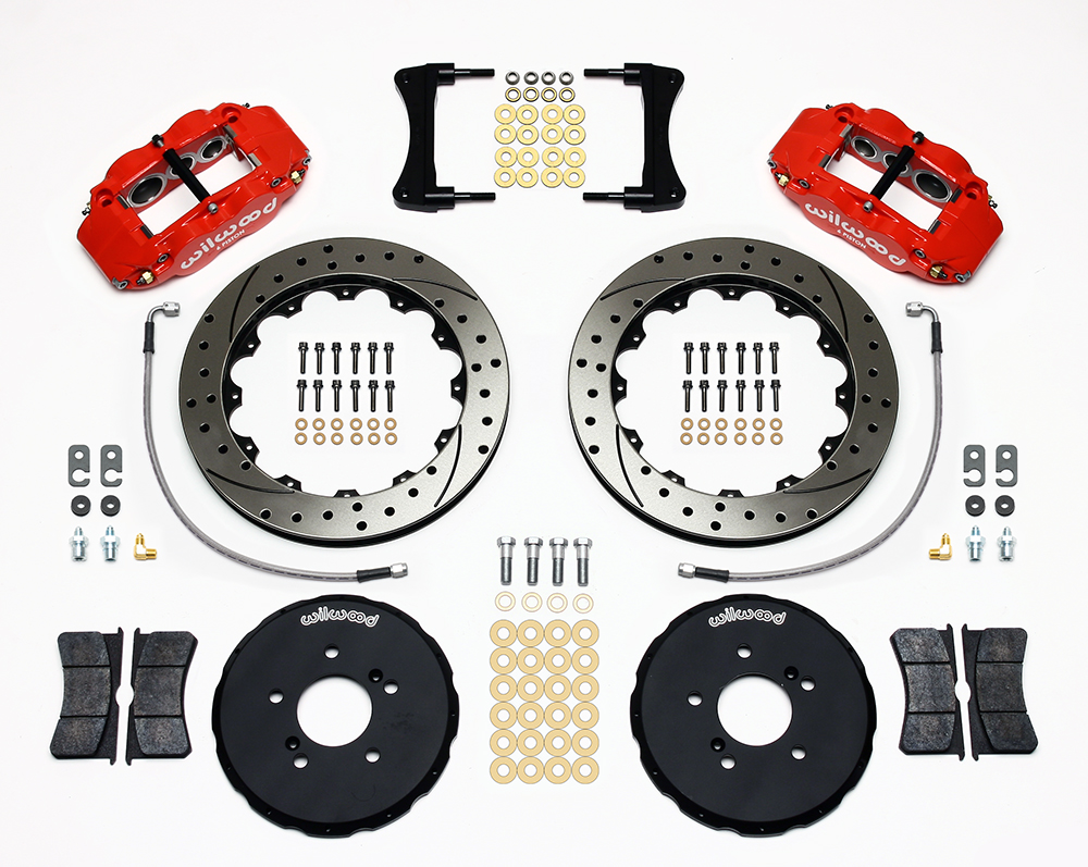 Wilwood Forged Narrow Superlite 6R Big Brake Front Brake Kit (Hat) Parts Laid Out - Red Powder Coat Caliper - SRP Drilled & Slotted Rotor