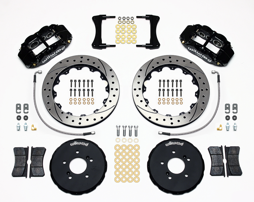 Wilwood Forged Narrow Superlite 6R Big Brake Front Brake Kit (Hat) Parts Laid Out - Black Powder Coat Caliper - SRP Drilled & Slotted Rotor