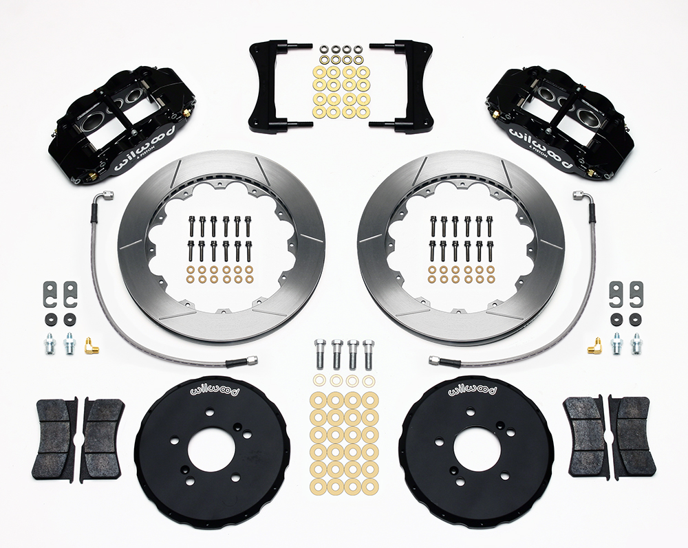 Wilwood Forged Narrow Superlite 6R Big Brake Front Brake Kit (Hat) Parts Laid Out - Black Powder Coat Caliper - GT Slotted Rotor