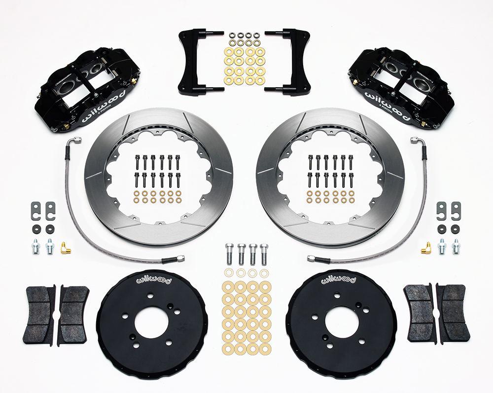 Wilwood Forged Narrow Superlite 6R Big Brake Front Brake Kit (Hat) Parts Laid Out - Black Powder Coat Caliper - GT Slotted Rotor