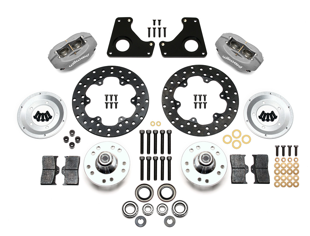 Wilwood Forged Dynalite Front Drag Brake Kit Parts Laid Out - Type III Anodize Caliper - Drilled Rotor