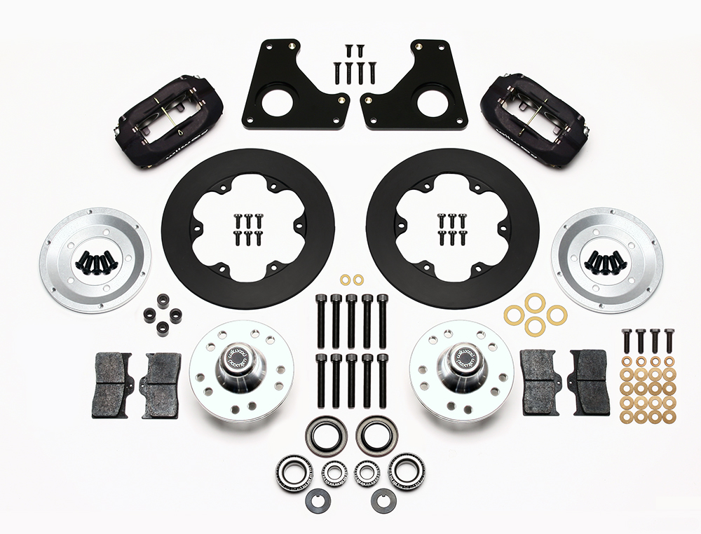 Wilwood Forged Dynalite Front Drag Brake Kit Parts Laid Out - Type III Anodize Caliper - Plain Face Rotor
