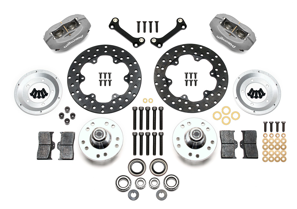 Wilwood Forged Dynalite Front Drag Brake Kit Parts Laid Out - Type III Anodize Caliper - Drilled Rotor