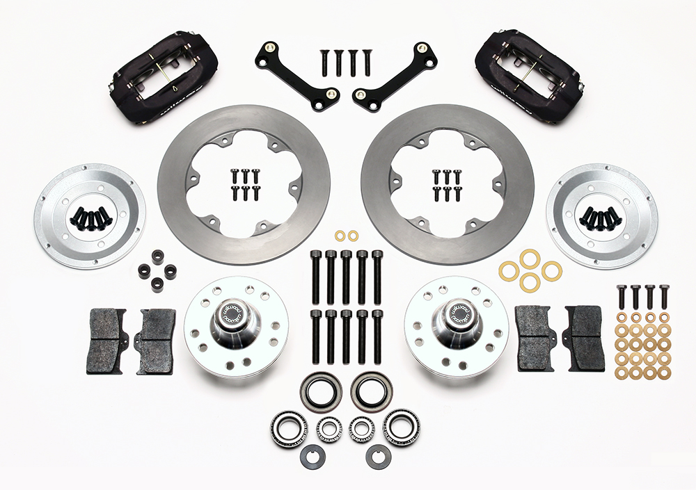 Wilwood Forged Dynalite Front Drag Brake Kit Parts Laid Out - Type III Anodize Caliper - Plain Face Rotor