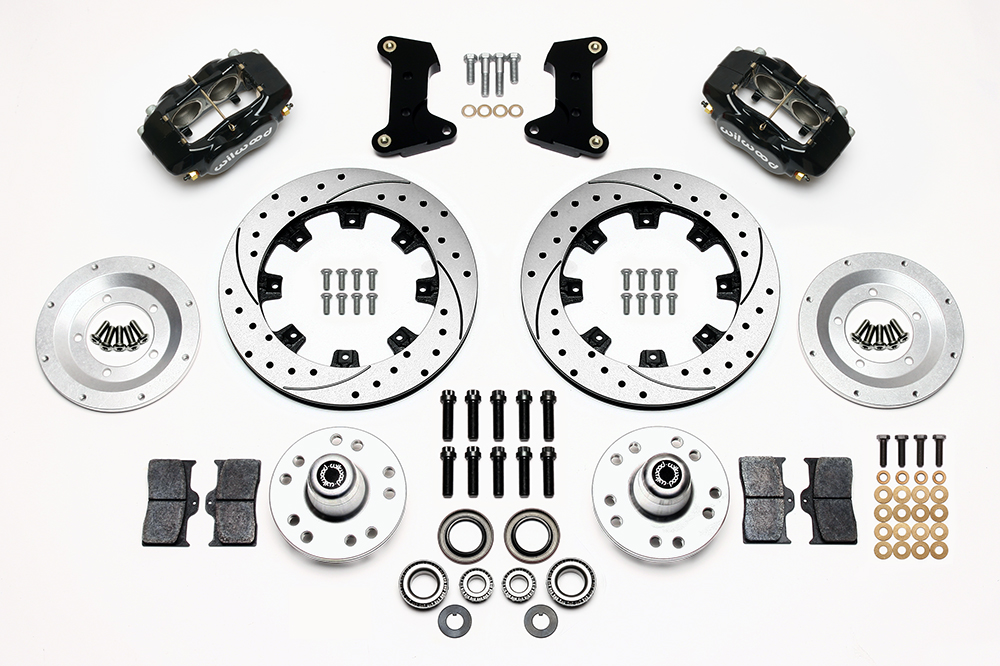 Wilwood Forged Dynalite Big Brake Front Brake Kit (Hub) Parts Laid Out - Black Powder Coat Caliper - SRP Drilled & Slotted Rotor