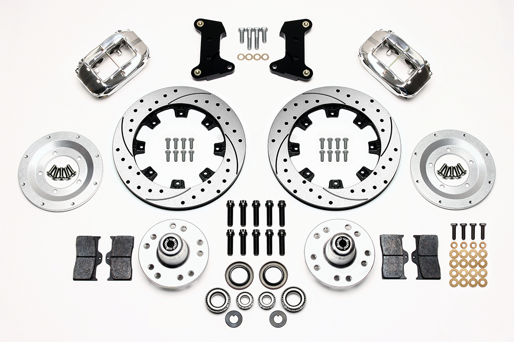 Wilwood Forged Dynalite Big Brake Front Brake Kit (Hub) Parts Laid Out - Polish Caliper - SRP Drilled & Slotted Rotor