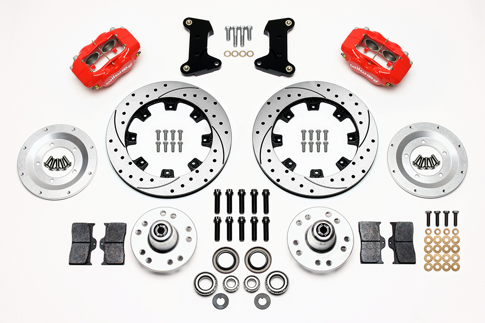 Wilwood Forged Dynalite Big Brake Front Brake Kit (Hub) Parts Laid Out - Red Powder Coat Caliper - SRP Drilled & Slotted Rotor