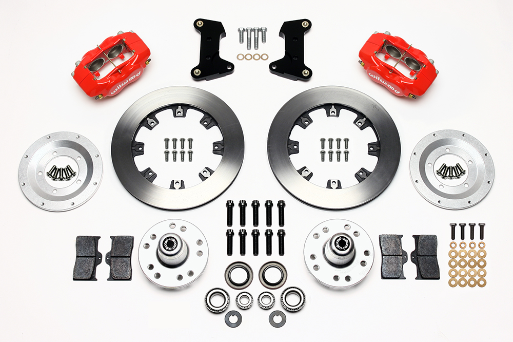 Wilwood Forged Dynalite Big Brake Front Brake Kit (Hub) Parts Laid Out - Red Powder Coat Caliper - Plain Face Rotor