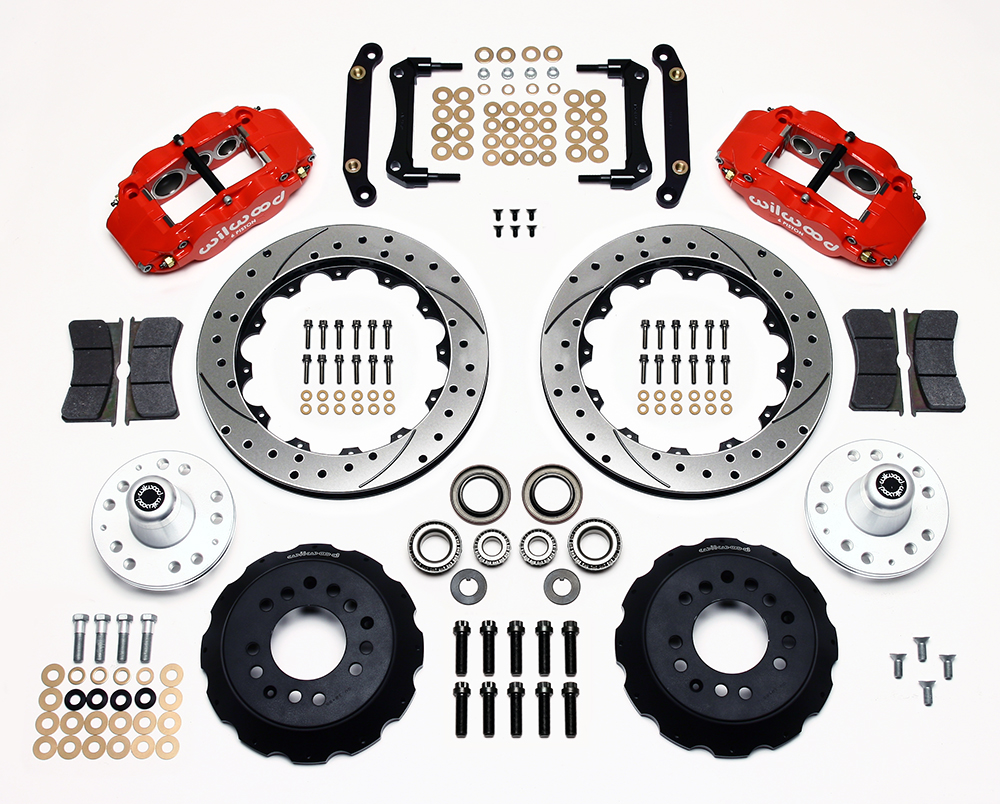 Wilwood Forged Narrow Superlite 6R Big Brake Front Brake Kit (Hub) Parts Laid Out - Red Powder Coat Caliper - SRP Drilled & Slotted Rotor