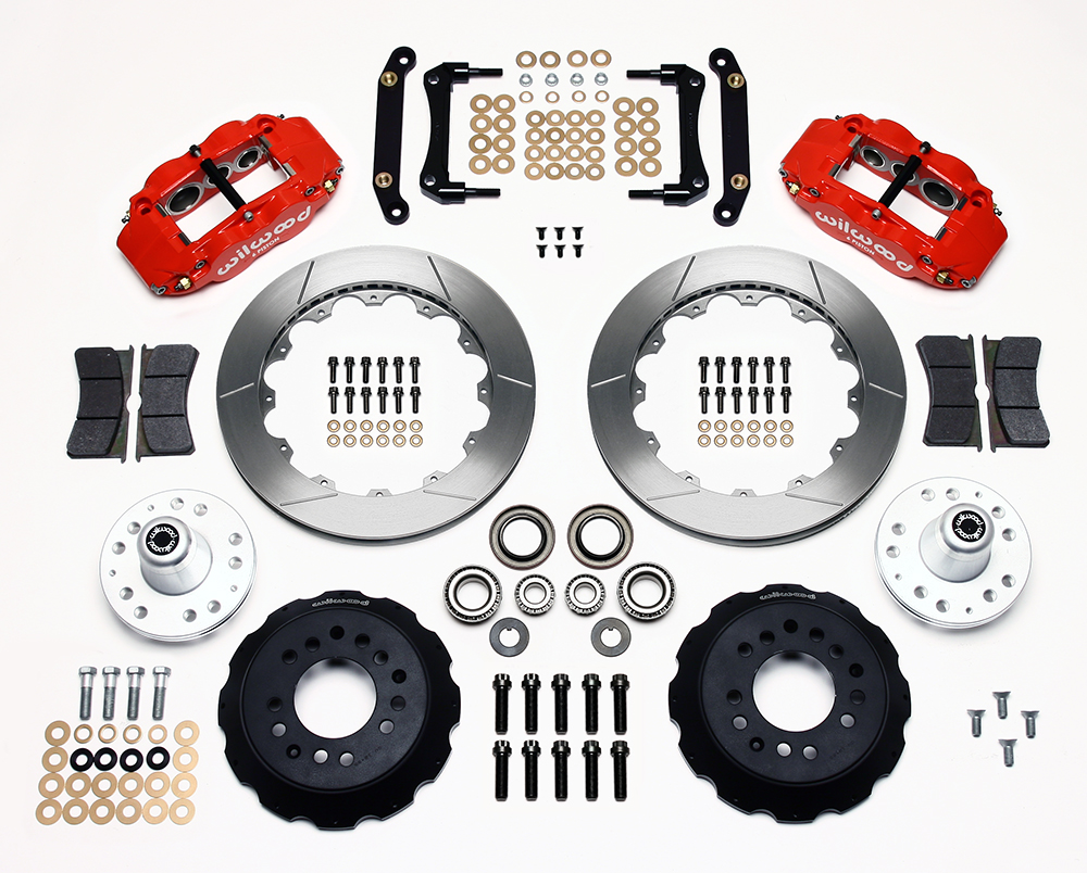 Wilwood Forged Narrow Superlite 6R Big Brake Front Brake Kit (Hub) Parts Laid Out - Red Powder Coat Caliper - GT Slotted Rotor