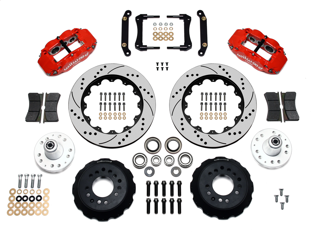 Wilwood Forged Narrow Superlite 6R Big Brake Front Brake Kit (Hub) Parts Laid Out - Red Powder Coat Caliper - SRP Drilled & Slotted Rotor