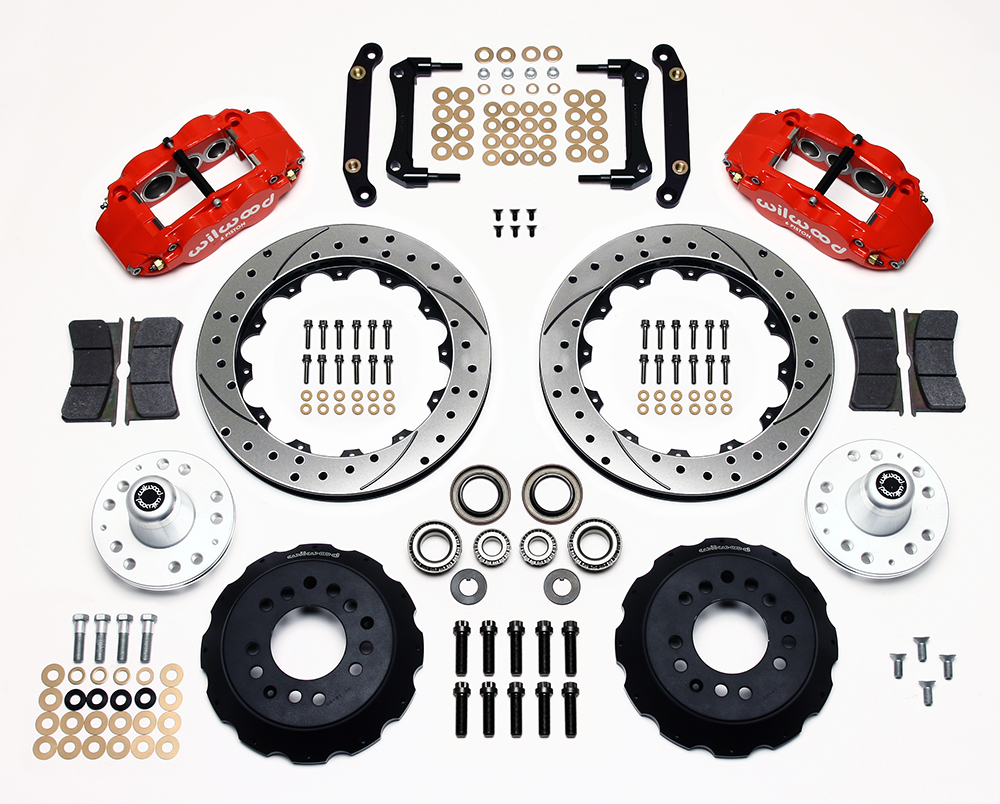 Wilwood Forged Narrow Superlite 6R Big Brake Front Brake Kit (Hub) Parts Laid Out - Red Powder Coat Caliper - SRP Drilled & Slotted Rotor