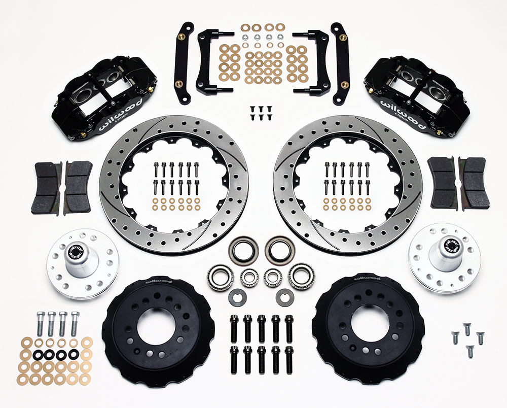 Wilwood Forged Narrow Superlite 6R Big Brake Front Brake Kit (Hub) Parts Laid Out - Black Powder Coat Caliper - SRP Drilled & Slotted Rotor