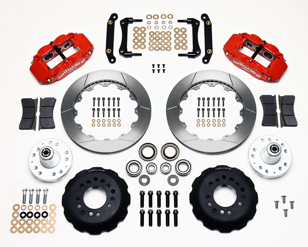 Wilwood Forged Narrow Superlite 6R Big Brake Front Brake Kit (Hub) Parts Laid Out - Red Powder Coat Caliper - GT Slotted Rotor