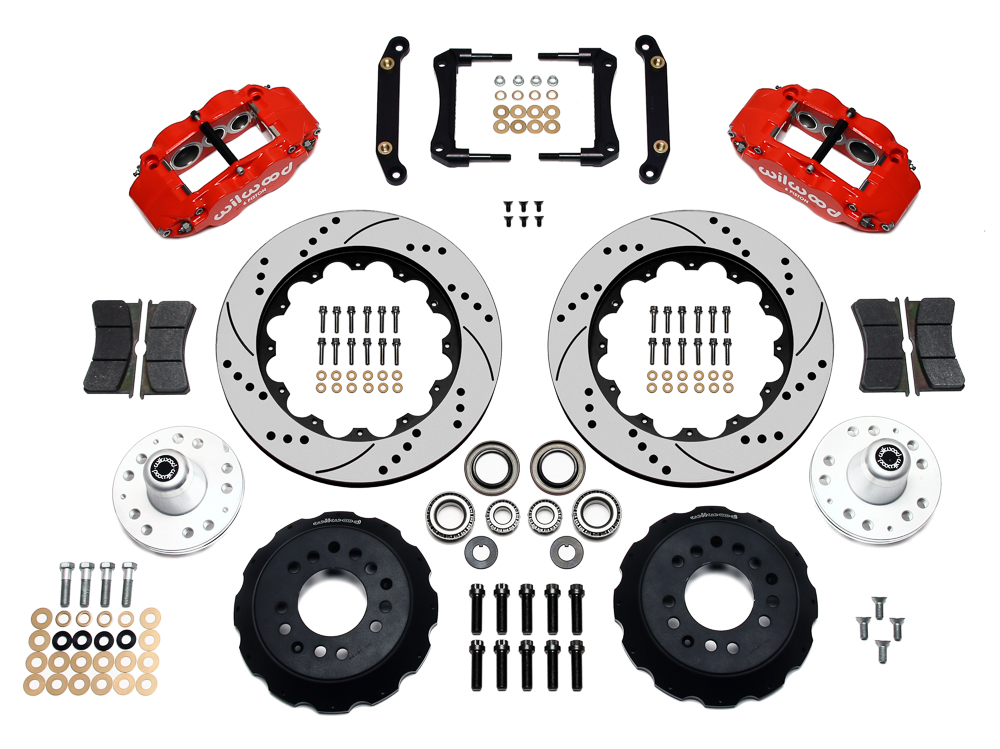 Wilwood Forged Narrow Superlite 6R Big Brake Front Brake Kit (Hub) Parts Laid Out - Red Powder Coat Caliper - SRP Drilled & Slotted Rotor