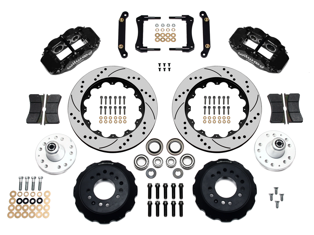 Wilwood Forged Narrow Superlite 6R Big Brake Front Brake Kit (Hub) Parts Laid Out - Black Powder Coat Caliper - SRP Drilled & Slotted Rotor