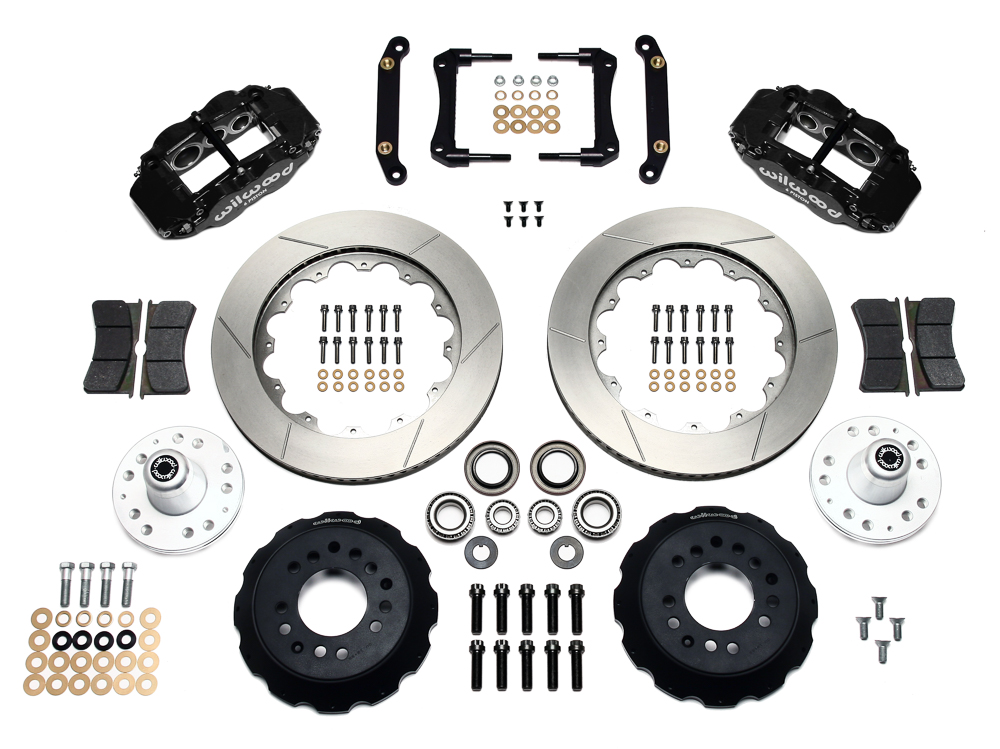 Wilwood Forged Narrow Superlite 6R Big Brake Front Brake Kit (Hub) Parts Laid Out - Black Powder Coat Caliper - GT Slotted Rotor