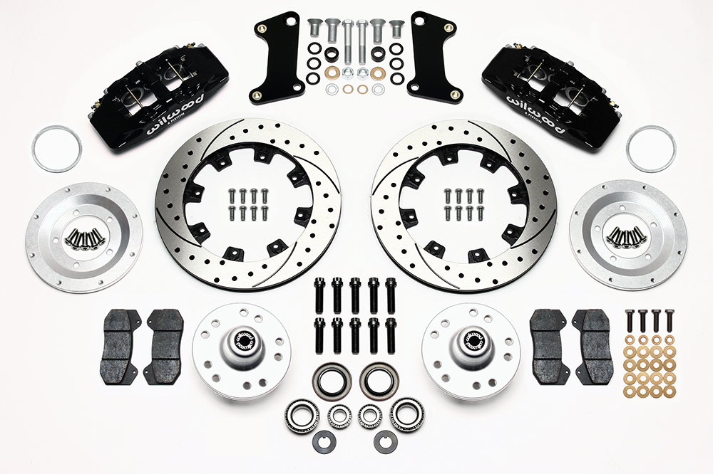 Wilwood Forged Dynapro 6 Big Brake Front Brake Kit (Hub) Parts Laid Out - Black Powder Coat Caliper - SRP Drilled & Slotted Rotor