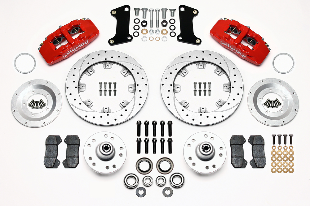 Wilwood Forged Dynapro 6 Big Brake Front Brake Kit (Hub) Parts Laid Out - Red Powder Coat Caliper - SRP Drilled & Slotted Rotor