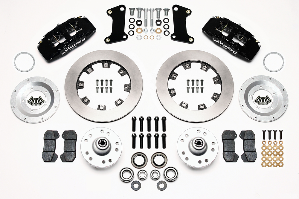 Wilwood Forged Dynapro 6 Big Brake Front Brake Kit (Hub) Parts Laid Out - Black Powder Coat Caliper - Plain Face Rotor