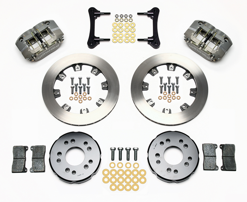 Wilwood Dynapro Radial Front Drag Brake Kit Parts Laid Out - Type III Anodize Caliper - Plain Face Rotor