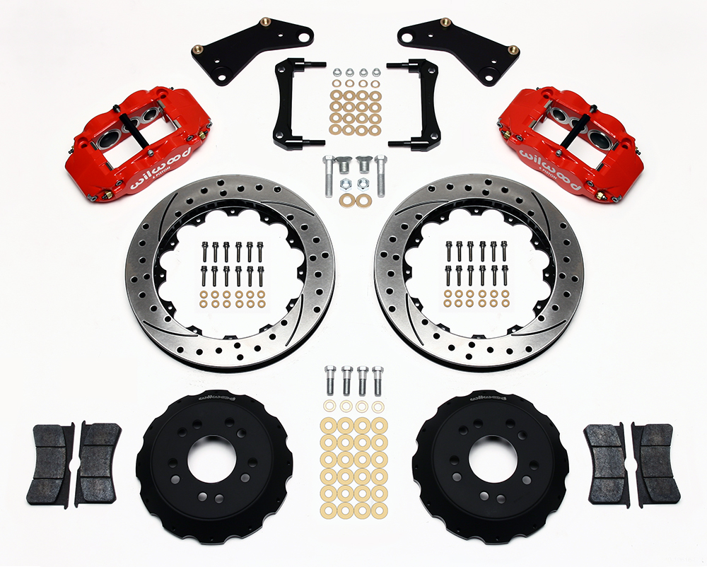 Wilwood Forged Narrow Superlite 6R Big Brake Front Brake Kit (Hat) Parts Laid Out - Red Powder Coat Caliper - SRP Drilled & Slotted Rotor