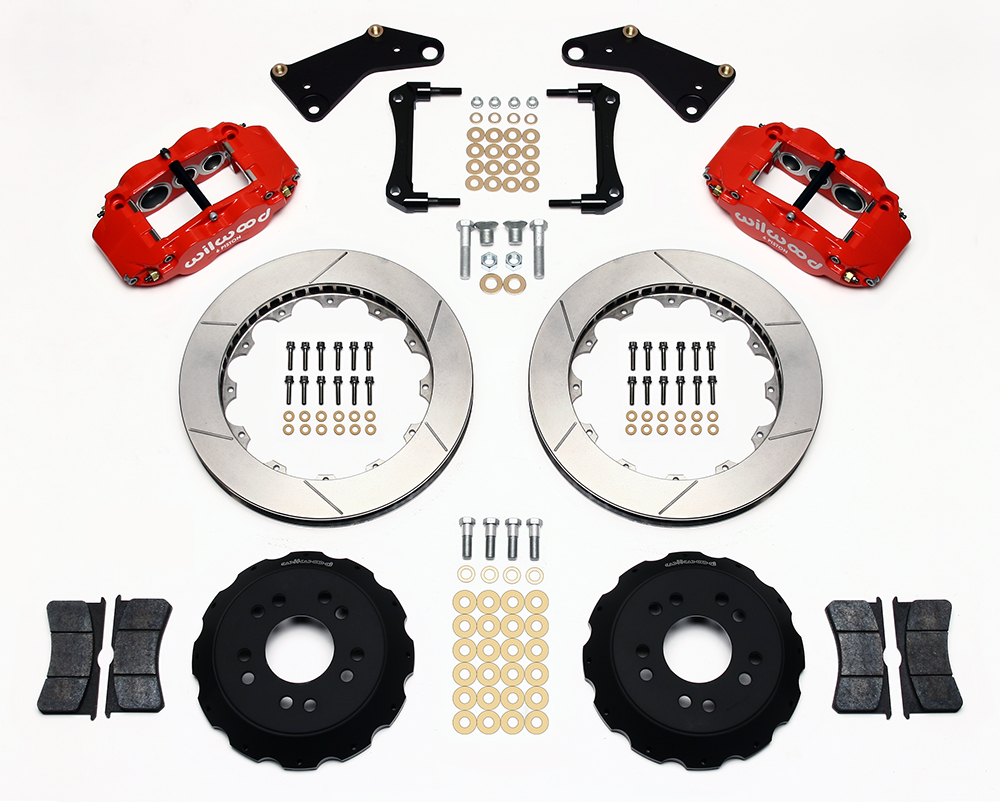 Wilwood Forged Narrow Superlite 6R Big Brake Front Brake Kit (Hat) Parts Laid Out - Red Powder Coat Caliper - GT Slotted Rotor