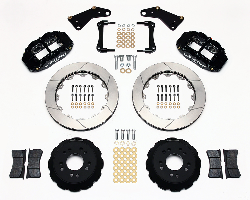 Wilwood Forged Narrow Superlite 6R Big Brake Front Brake Kit (Hat) Parts Laid Out - Black Powder Coat Caliper - GT Slotted Rotor