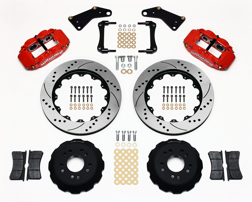 Wilwood Forged Narrow Superlite 6R Big Brake Front Brake Kit (Hat) Parts Laid Out - Red Powder Coat Caliper - SRP Drilled & Slotted Rotor