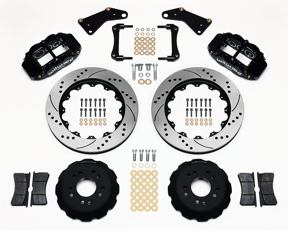 Wilwood Forged Narrow Superlite 6R Big Brake Front Brake Kit (Hat) Parts Laid Out - Black Powder Coat Caliper - SRP Drilled & Slotted Rotor