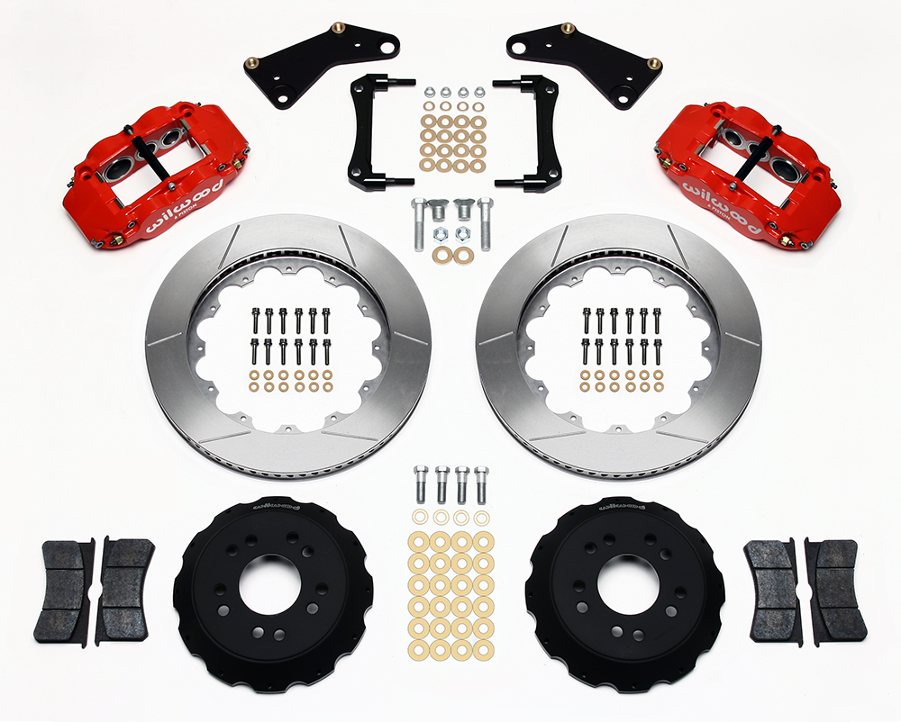 Wilwood Forged Narrow Superlite 6R Big Brake Front Brake Kit (Hat) Parts Laid Out - Red Powder Coat Caliper - GT Slotted Rotor