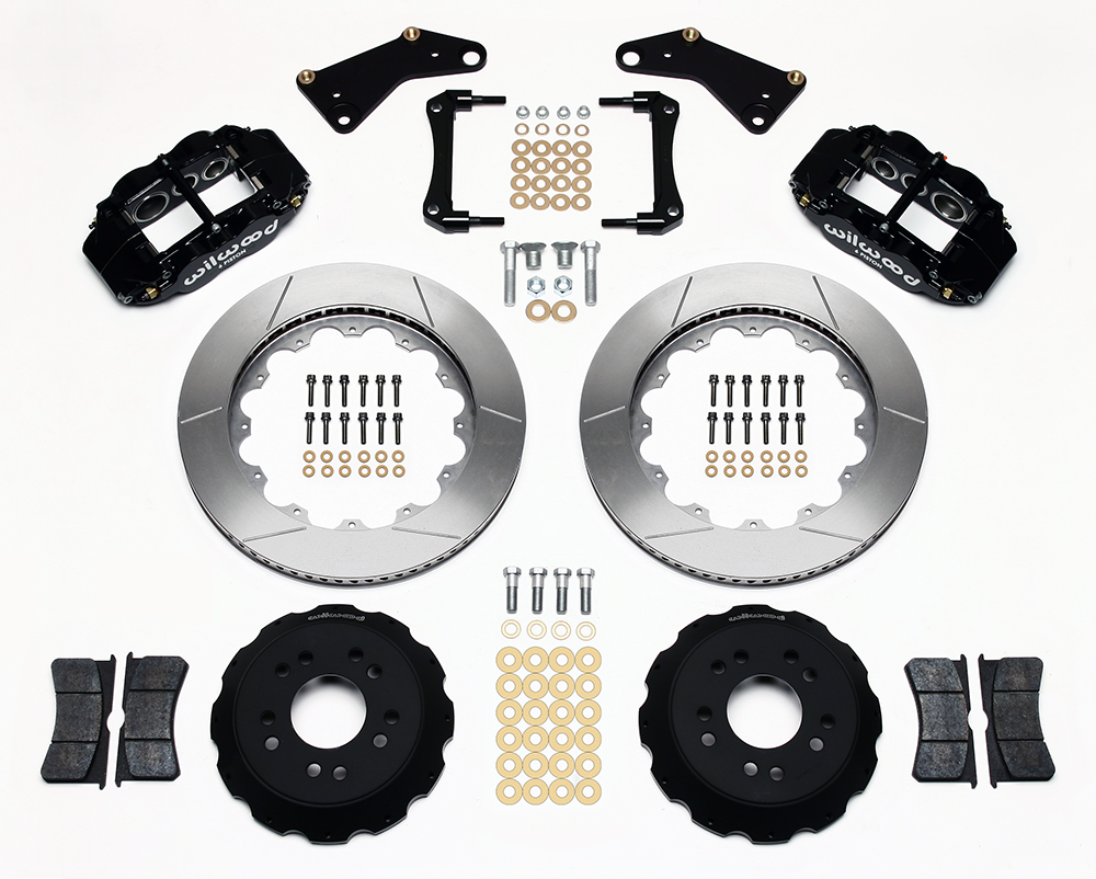 Wilwood Forged Narrow Superlite 6R Big Brake Front Brake Kit (Hat) Parts Laid Out - Black Powder Coat Caliper - GT Slotted Rotor