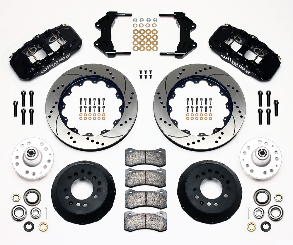 Wilwood AERO6 Big Brake Front Brake Kit Parts Laid Out - Black Powder Coat Caliper - SRP Drilled & Slotted Rotor