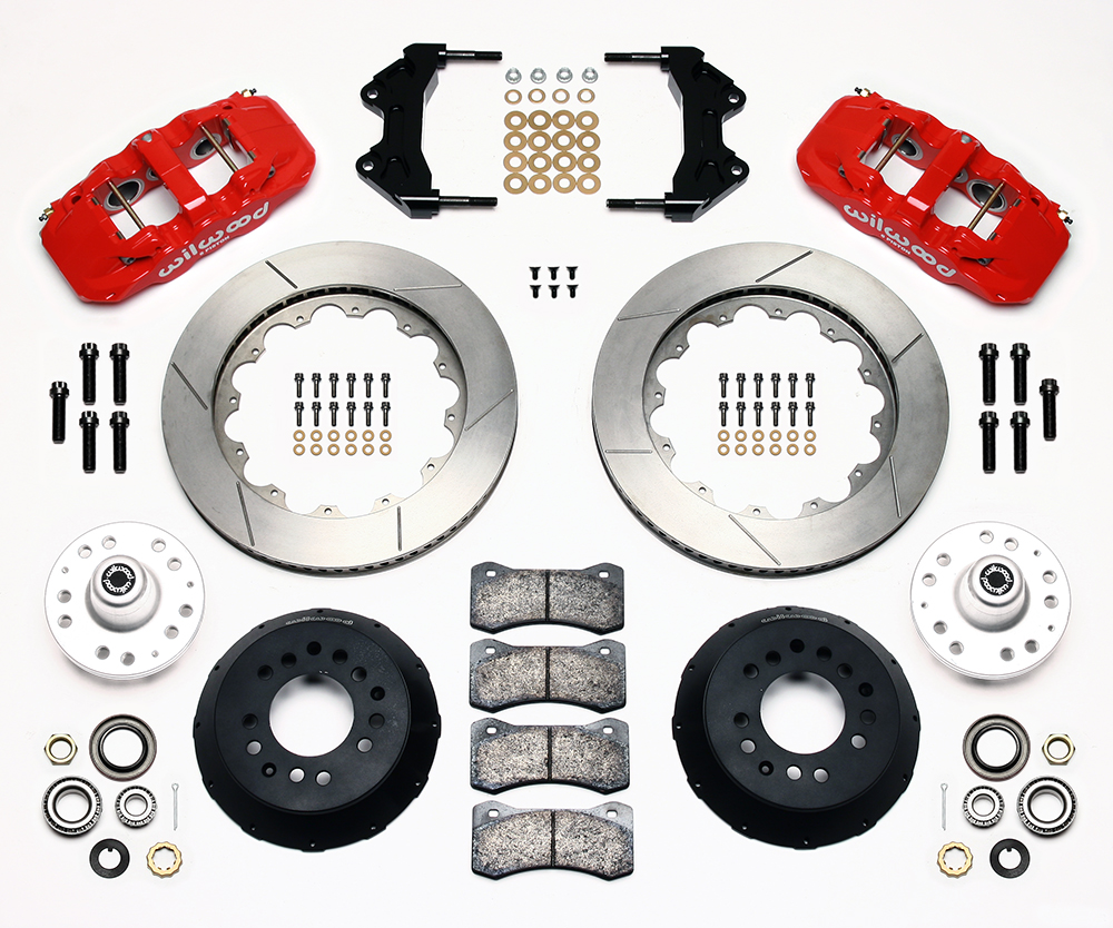 Wilwood AERO6 Big Brake Front Brake Kit Parts Laid Out - Red Powder Coat Caliper - GT Slotted Rotor