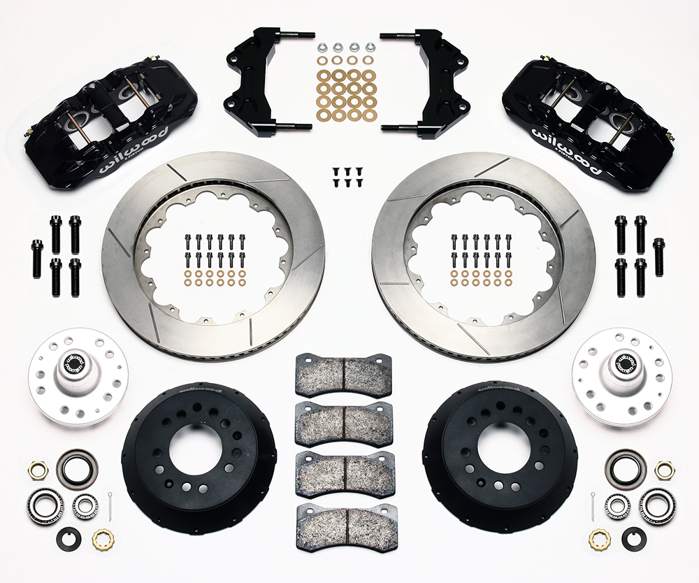 Wilwood AERO6 Big Brake Front Brake Kit Parts Laid Out - Black Powder Coat Caliper - GT Slotted Rotor