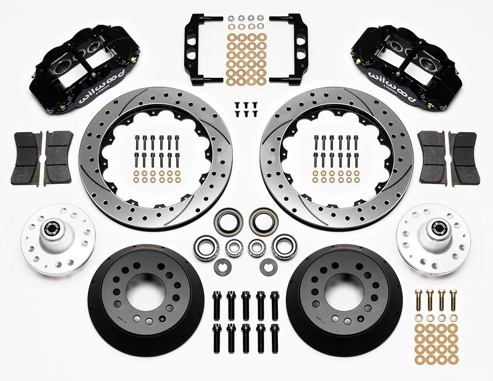 Wilwood Forged Narrow Superlite 6R Big Brake Front Brake Kit (Hub) Parts Laid Out - Polish Caliper - SRP Drilled & Slotted Rotor