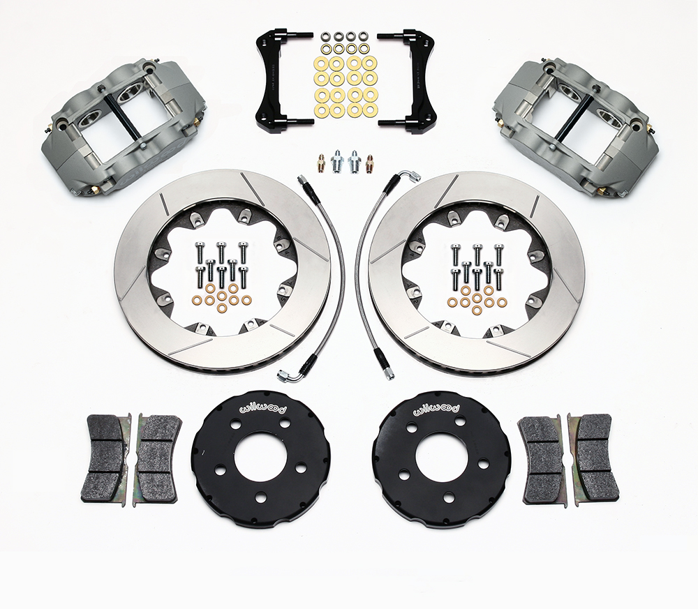 Wilwood Forged Superlite 4R Big Brake Front Brake Kit (Race) Parts Laid Out - Type III Ano Caliper - GT Slotted Rotor
