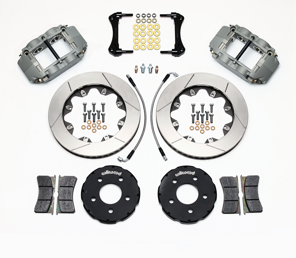 Wilwood Forged Superlite 4R Big Brake Front Brake Kit (Race) Parts Laid Out - Type III Anodize Caliper - GT Slotted Rotor