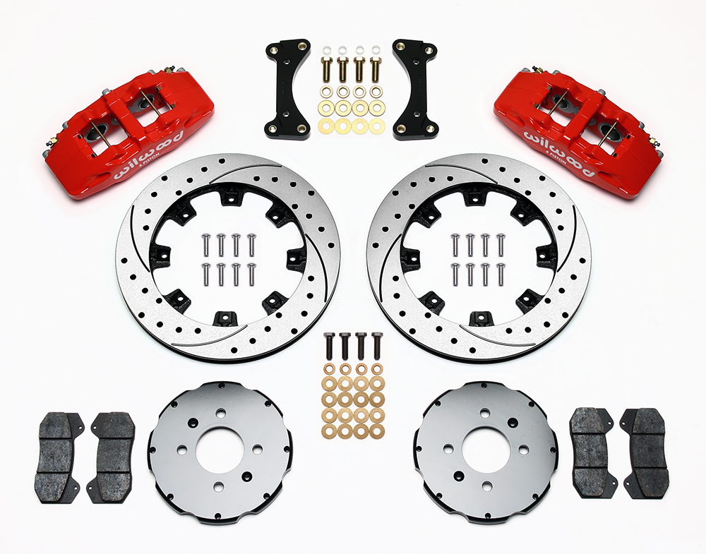 Wilwood Forged Dynapro 6 Big Brake Front Brake Kit (Hat) Parts Laid Out - Red Powder Coat Caliper - SRP Drilled & Slotted Rotor