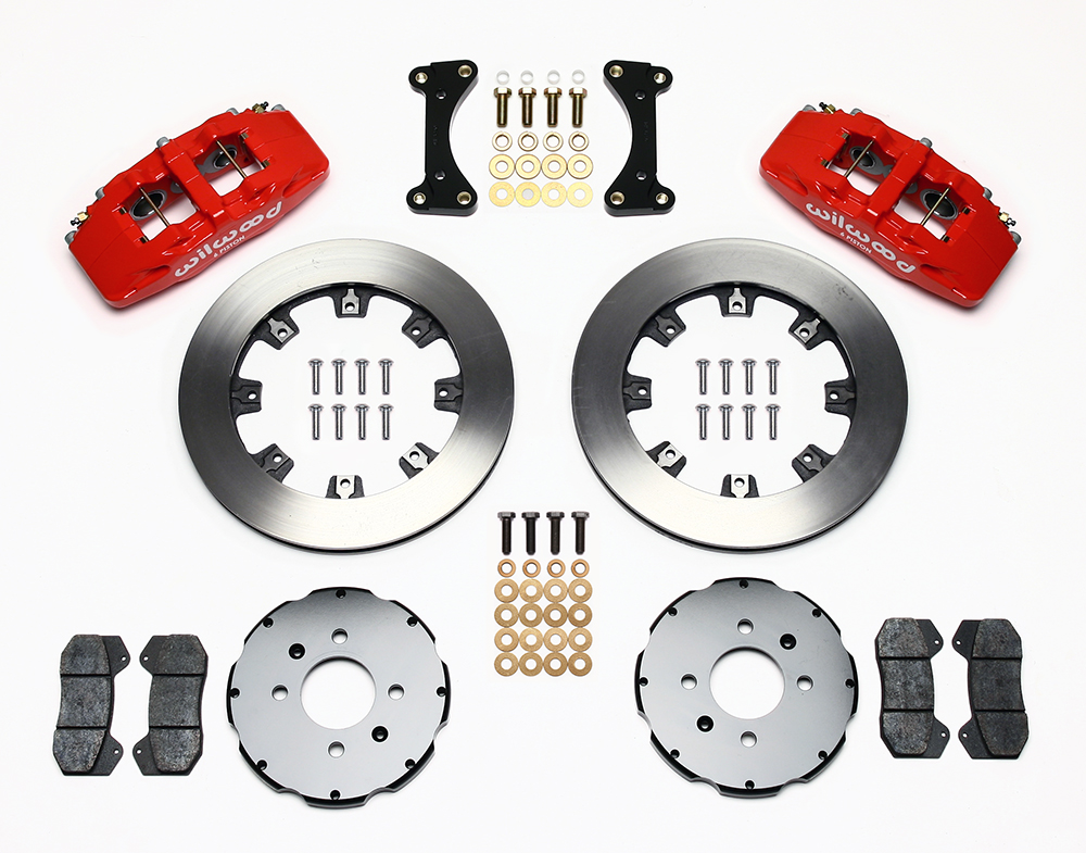 Wilwood Forged Dynapro 6 Big Brake Front Brake Kit (Hat) Parts Laid Out - Red Powder Coat Caliper - Plain Face Rotor