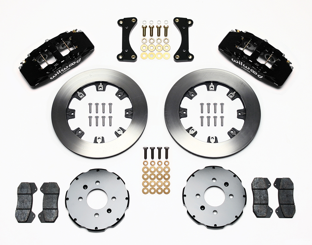 Wilwood Forged Dynapro 6 Big Brake Front Brake Kit (Hat) Parts Laid Out - Black Powder Coat Caliper - Plain Face Rotor