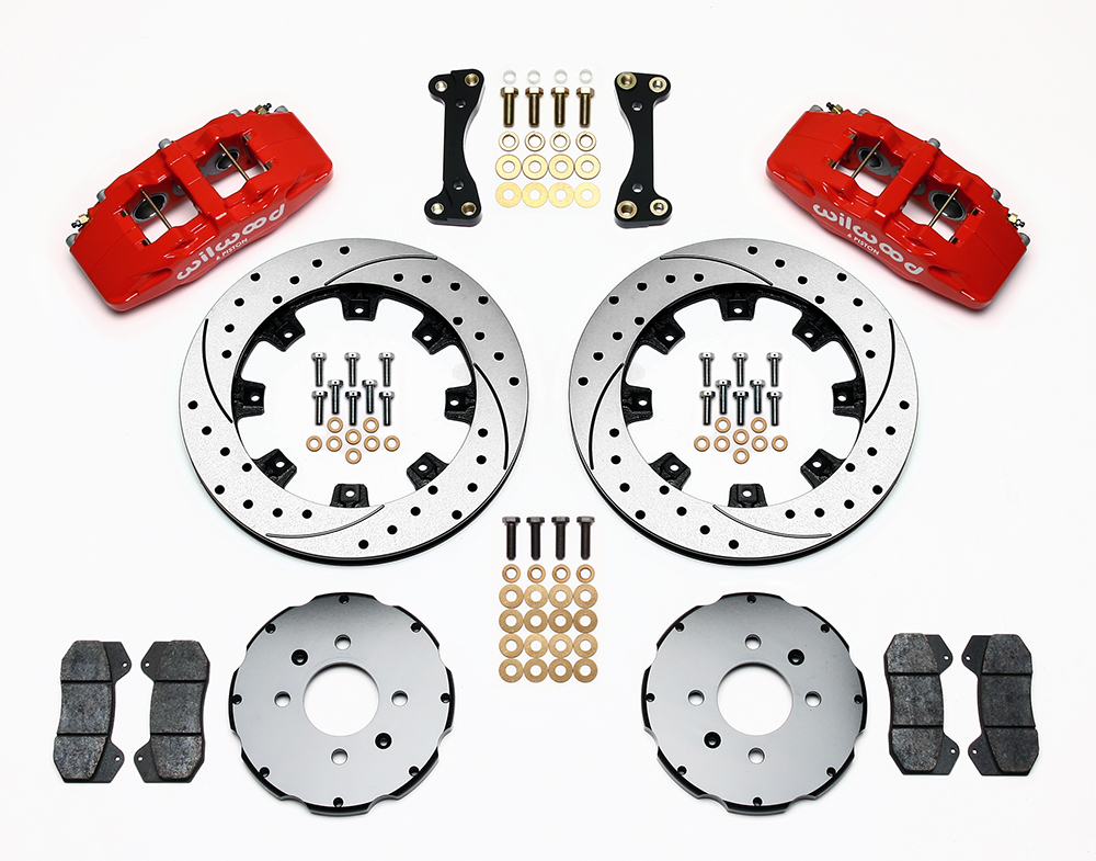 Wilwood Forged Dynapro 6 Big Brake Front Brake Kit (Hat) Parts Laid Out - Red Powder Coat Caliper - SRP Drilled & Slotted Rotor