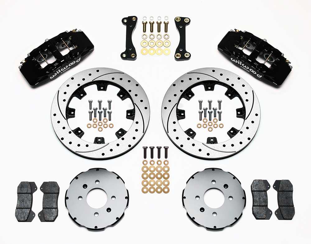 Wilwood Forged Dynapro 6 Big Brake Front Brake Kit (Hat) Parts Laid Out - Black Powder Coat Caliper - SRP Drilled & Slotted Rotor