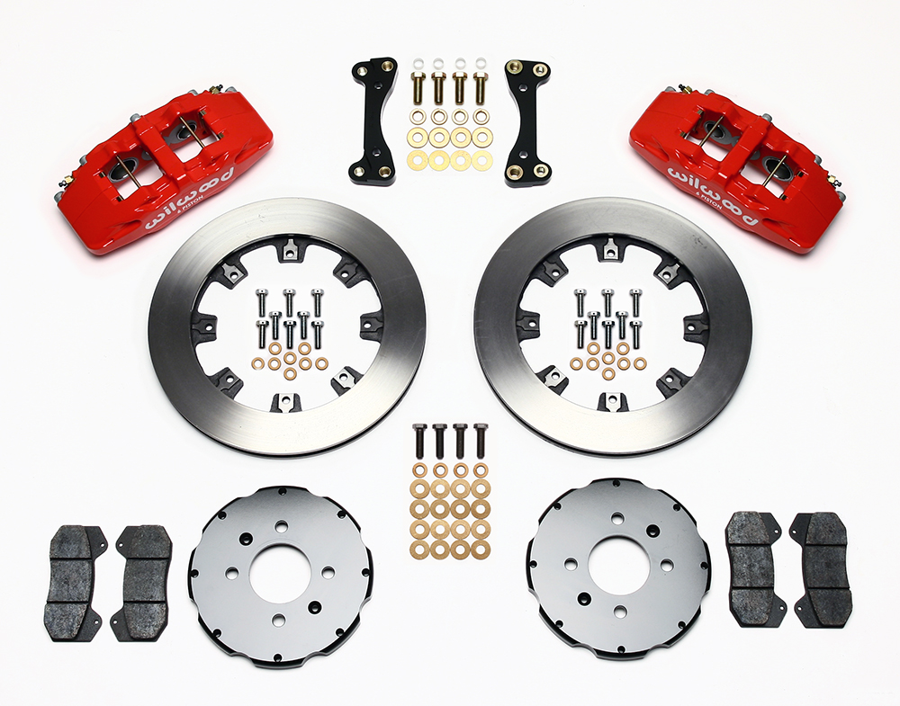 Wilwood Forged Dynapro 6 Big Brake Front Brake Kit (Hat) Parts Laid Out - Red Powder Coat Caliper - Plain Face Rotor