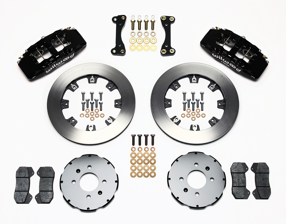 Wilwood Forged Dynapro 6 Big Brake Front Brake Kit (Hat) Parts Laid Out - Black Powder Coat Caliper - Plain Face Rotor